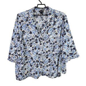 Womens Maggie Barnes Blue Floral Button Up Shirt 3/4 Sleeves Plus Size 5X